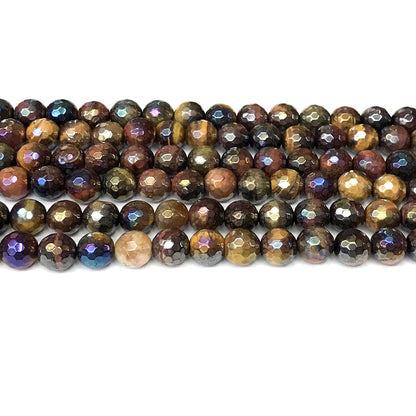 CTE261 Colorful Tiger Eye Beads AB-Color Electroplated Faceted Round 8mm 15" Strand