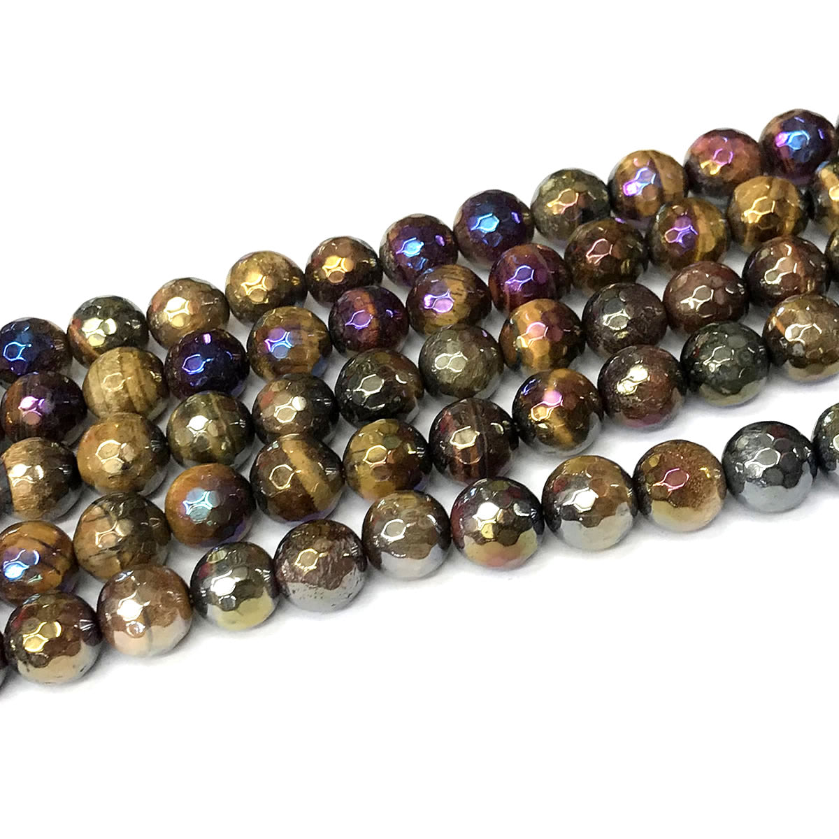 CTE262 Colorful Tiger Eye Beads AB-Color Electroplated Faceted Round 10mm 15" Strand