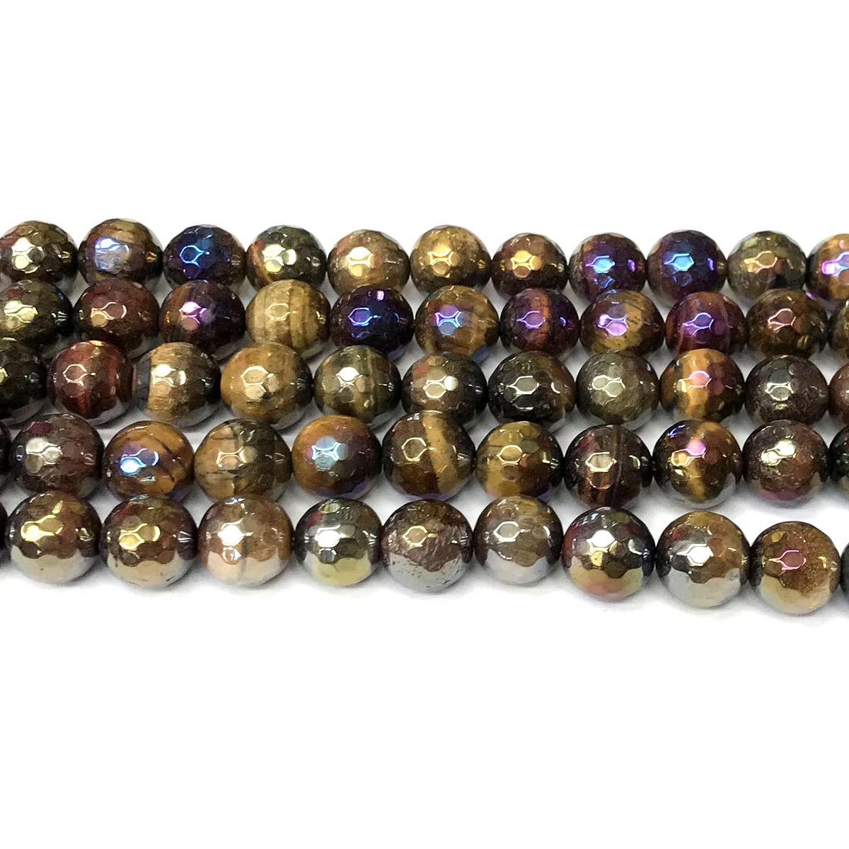 CTE262 Colorful Tiger Eye Beads AB-Color Electroplated Faceted Round 10mm 15" Strand