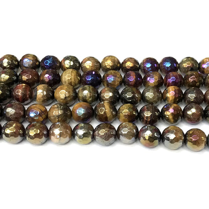 CTE262 Colorful Tiger Eye Beads AB-Color Electroplated Faceted Round 10mm 15" Strand