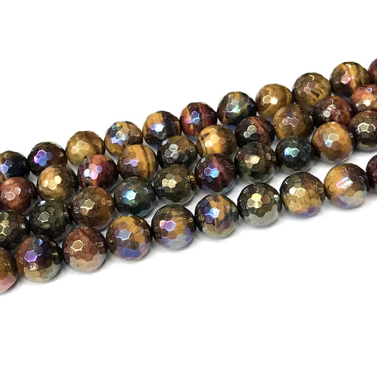 CTE263 Colorful Tiger Eye Beads AB-Color Electroplated Faceted Round 12mm 15" Strand