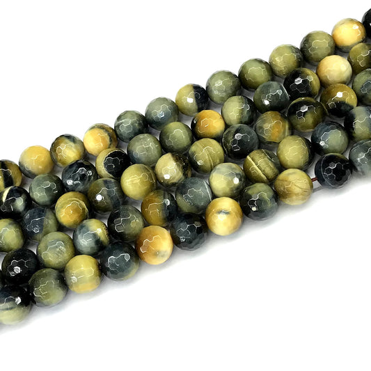 CTE357 Golden & Blue Tiger Eye Beads Faceted Round 10mm 15" Strand