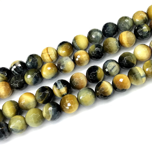 CTE358 Golden & Blue Tiger Eye Beads Faceted Round 12mm 15" Strand