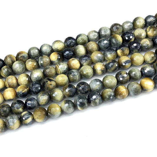 CTE406 Golden & Blue Tiger Eye Beads Electroplated Faceted Round 8mm 15" Strand