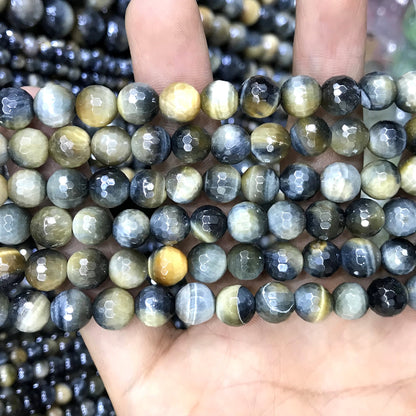 CTE406 Golden & Blue Tiger Eye Beads Electroplated Faceted Round 8mm 15" Strand