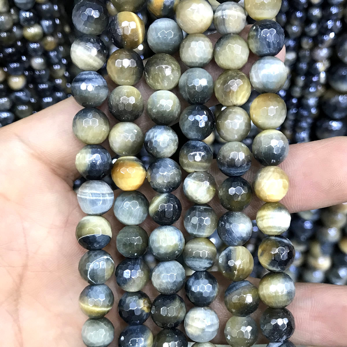 CTE406 Golden & Blue Tiger Eye Beads Electroplated Faceted Round 8mm 15" Strand