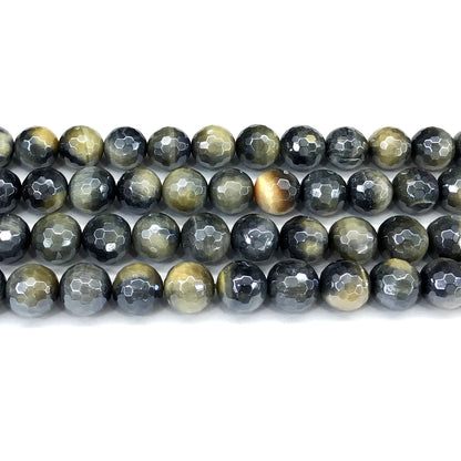 CTE407 Golden & Blue Tiger Eye Beads Electroplated Faceted Round 10mm 15" Strand