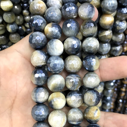 CTE407 Golden & Blue Tiger Eye Beads Electroplated Faceted Round 10mm 15" Strand