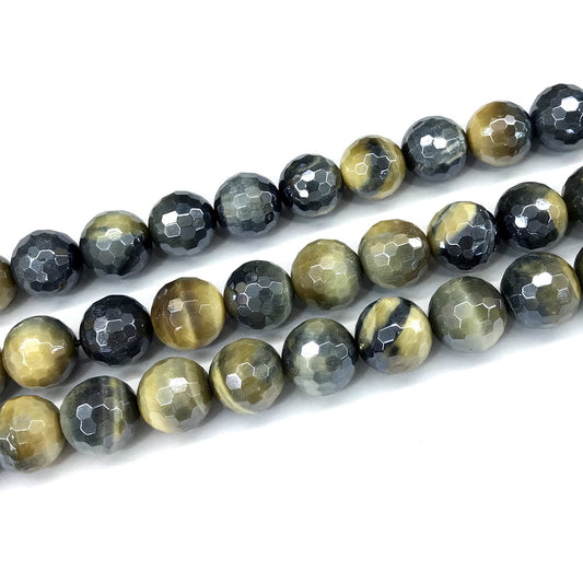 CTE409 Golden & Blue Tiger Eye Beads Electroplated Faceted Round 14mm 15" Strand