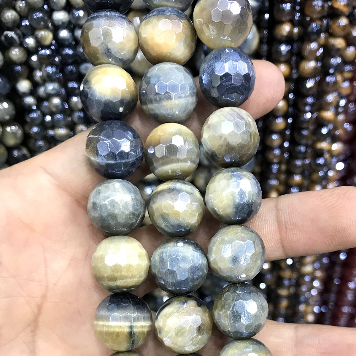 CTE409 Golden & Blue Tiger Eye Beads Electroplated Faceted Round 14mm 15" Strand