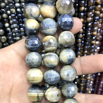 CTE409 Golden & Blue Tiger Eye Beads Electroplated Faceted Round 14mm 15" Strand