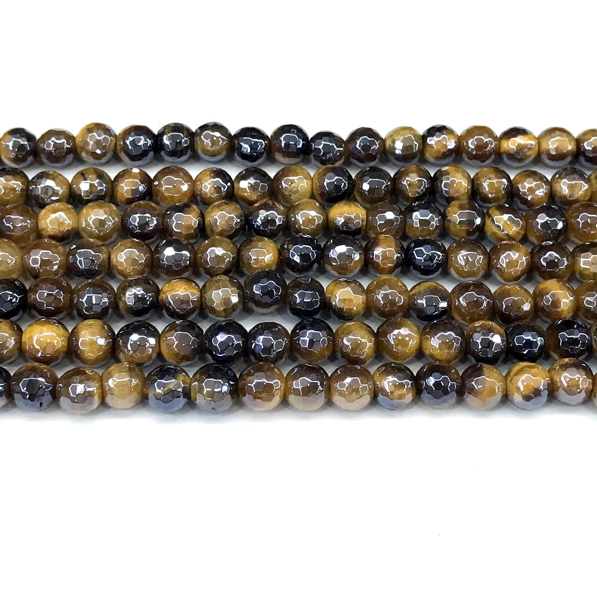 CTE410 Yellow Tiger Eye Beads Electroplated Faceted Round 6mm 15" Strand