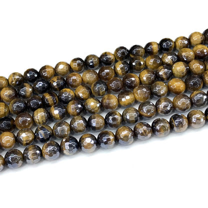 CTE411 Yellow Tiger Eye Beads Electroplated Faceted Round 8mm 15" Strand