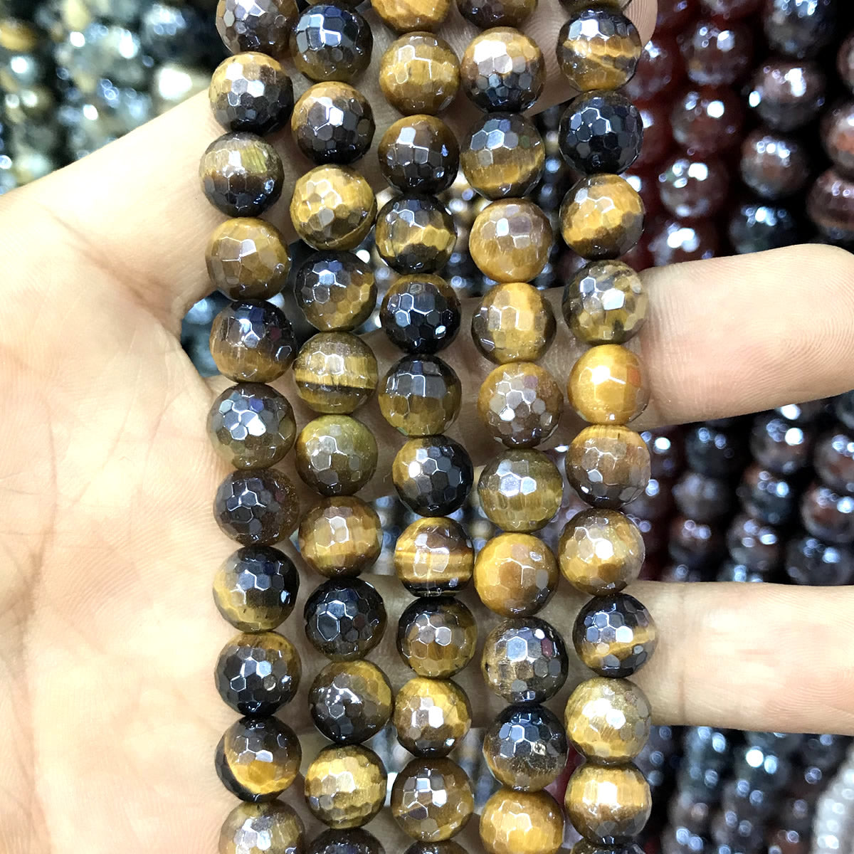 CTE411 Yellow Tiger Eye Beads Electroplated Faceted Round 8mm 15" Strand