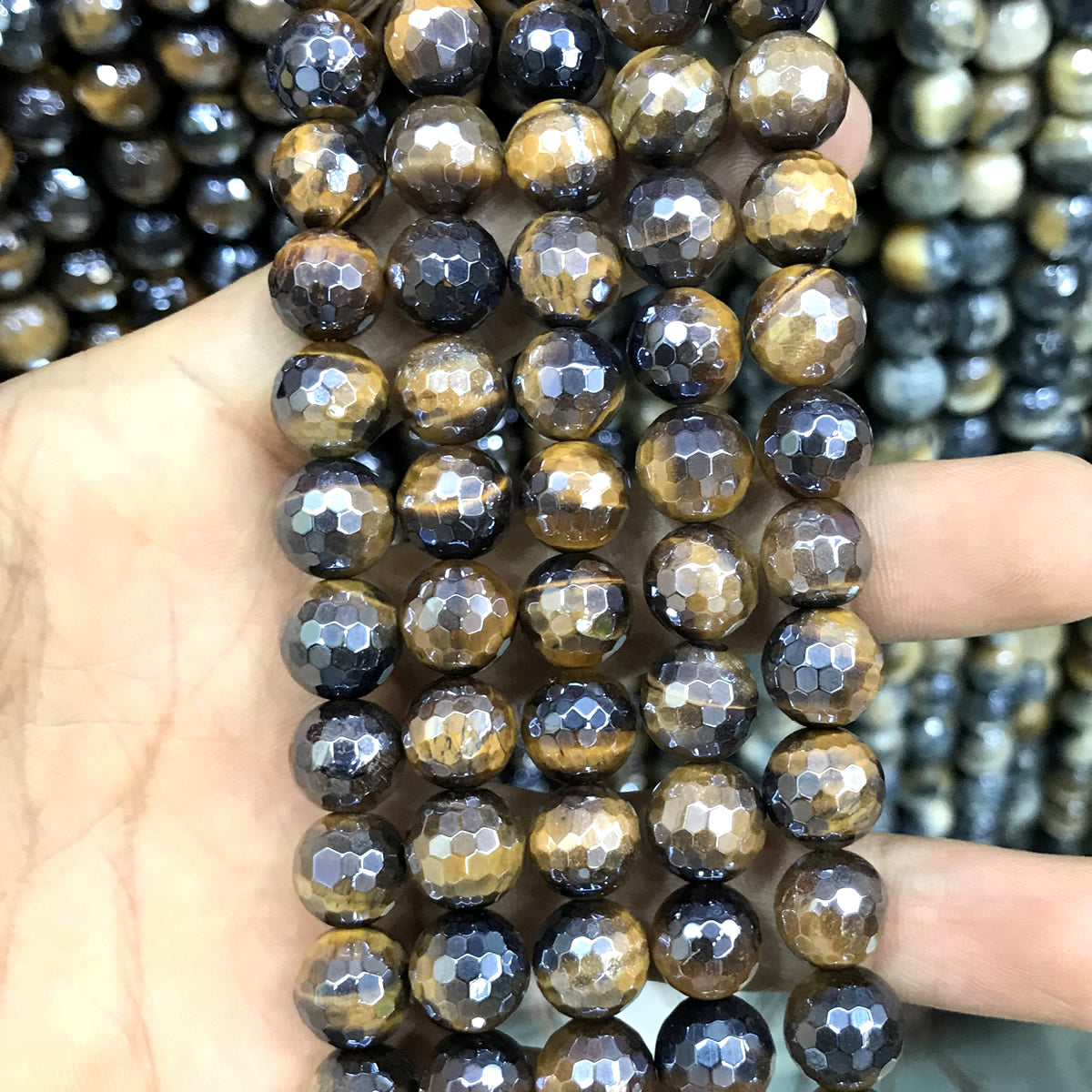 CTE412 Yellow Tiger Eye Beads Electroplated Faceted Round 10mm 15" Strand