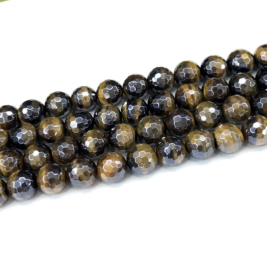 CTE413 Yellow Tiger Eye Beads Electroplated Faceted Round 12mm 15" Strand