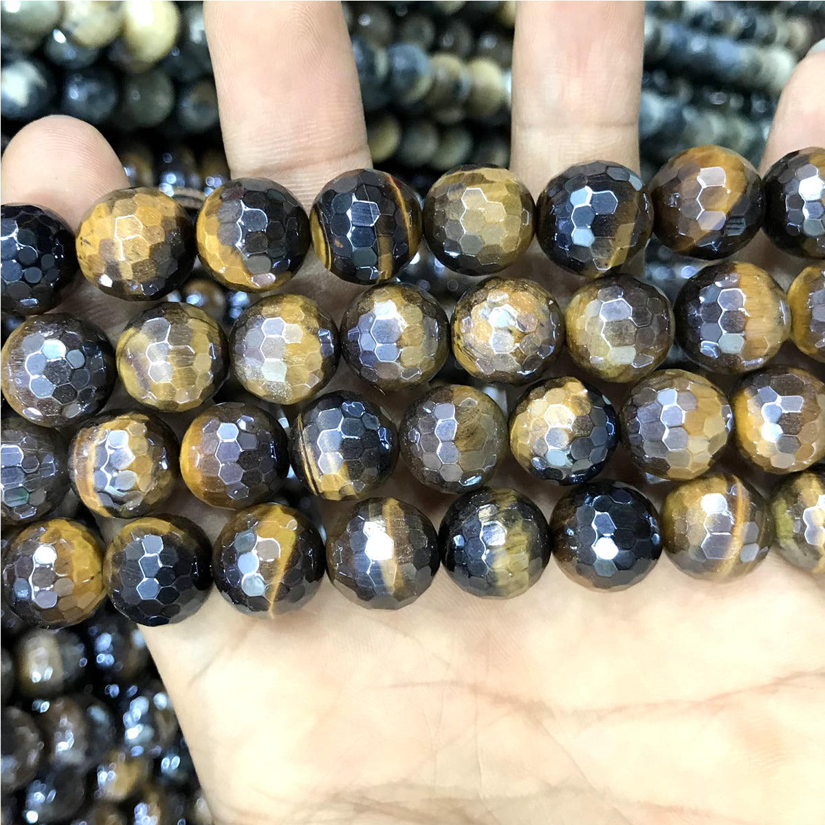 CTE413 Yellow Tiger Eye Beads Electroplated Faceted Round 12mm 15" Strand