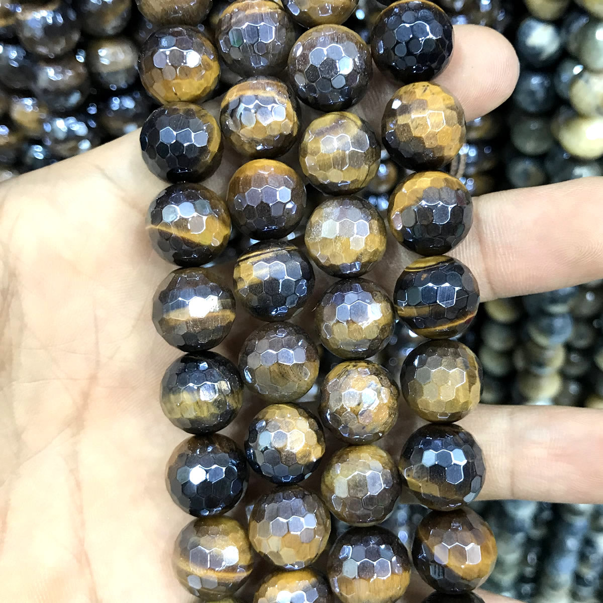 CTE413 Yellow Tiger Eye Beads Electroplated Faceted Round 12mm 15" Strand