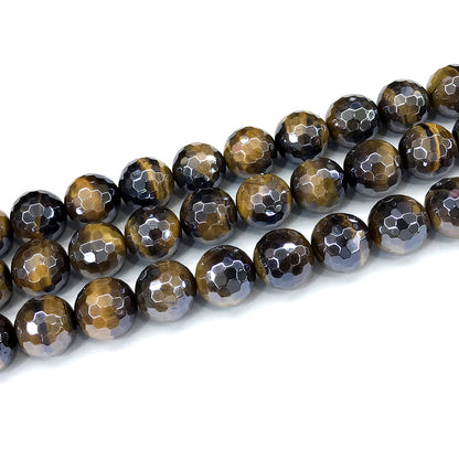 CTE414 Yellow Tiger Eye Beads Electroplated Faceted Round 14mm 15" Strand