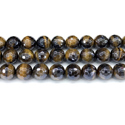 CTE414 Yellow Tiger Eye Beads Electroplated Faceted Round 14mm 15" Strand