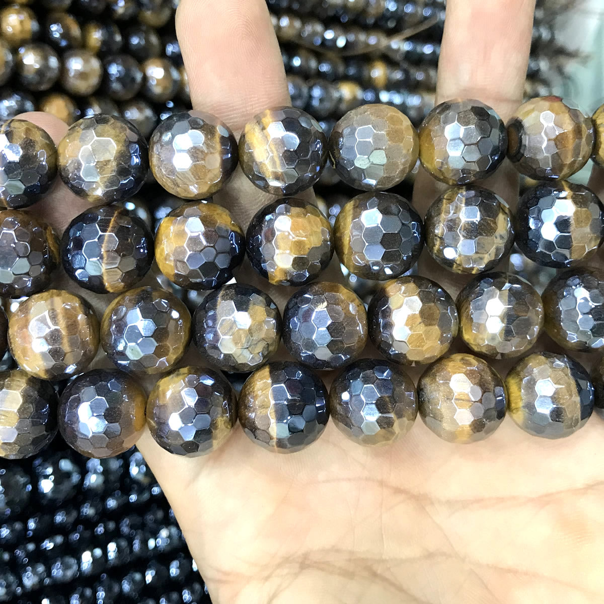 CTE414 Yellow Tiger Eye Beads Electroplated Faceted Round 14mm 15" Strand