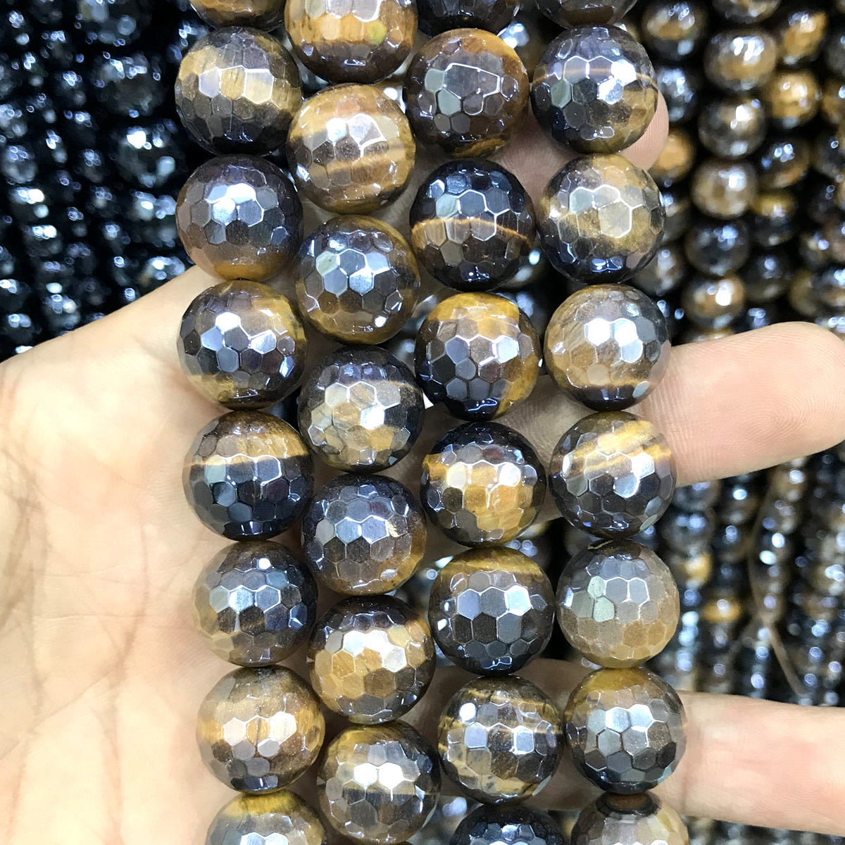 CTE414 Yellow Tiger Eye Beads Electroplated Faceted Round 14mm 15" Strand