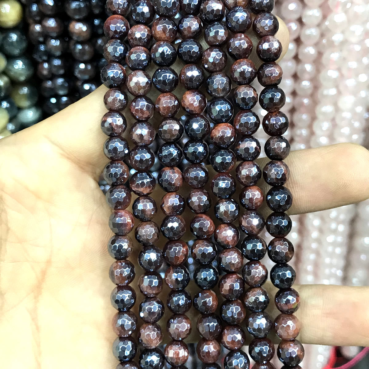 CTE415 Red Tiger Eye Beads Electroplated Faceted Round 6mm 15" Strand