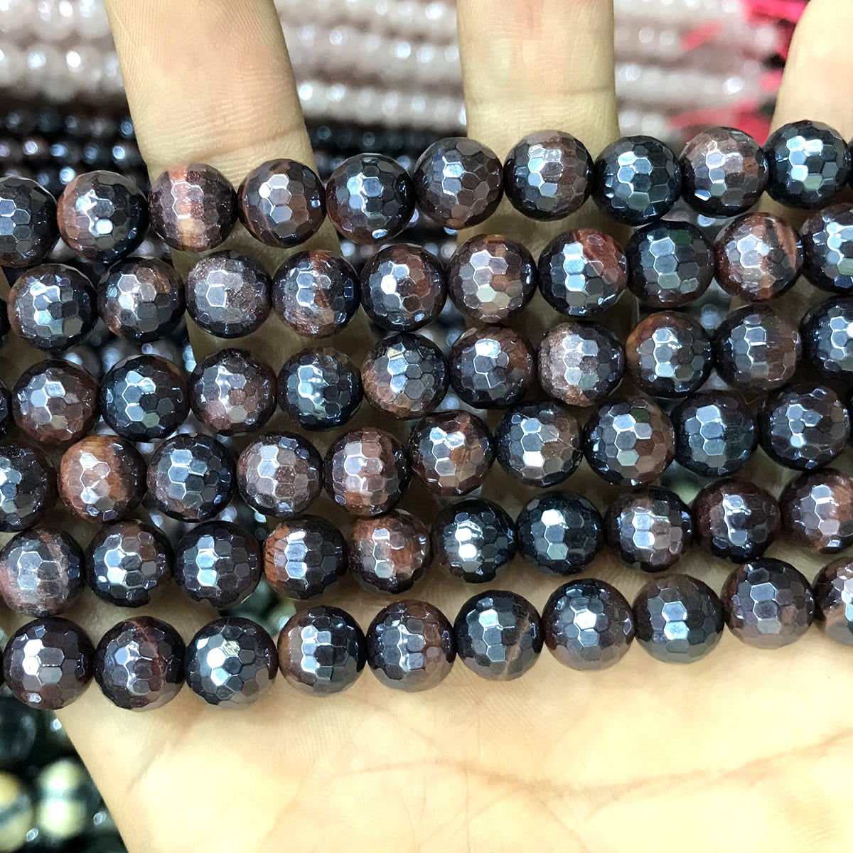 CTE416 Red Tiger Eye Beads Electroplated Faceted Round 8mm 15" Strand