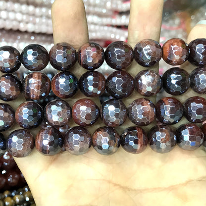 CTE418 Red Tiger Eye Beads Electroplated Faceted Round 12mm 15" Strand