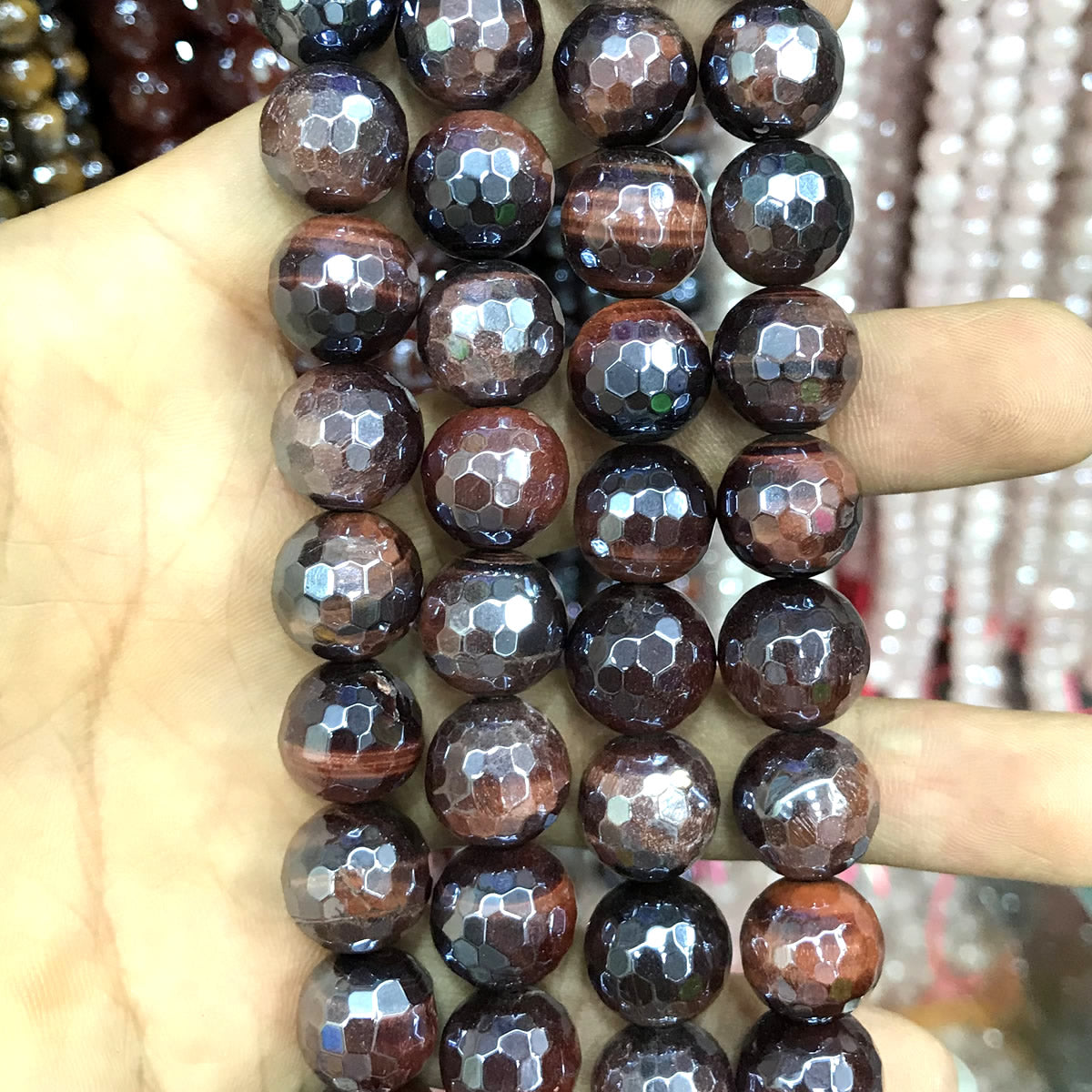 CTE418 Red Tiger Eye Beads Electroplated Faceted Round 12mm 15" Strand