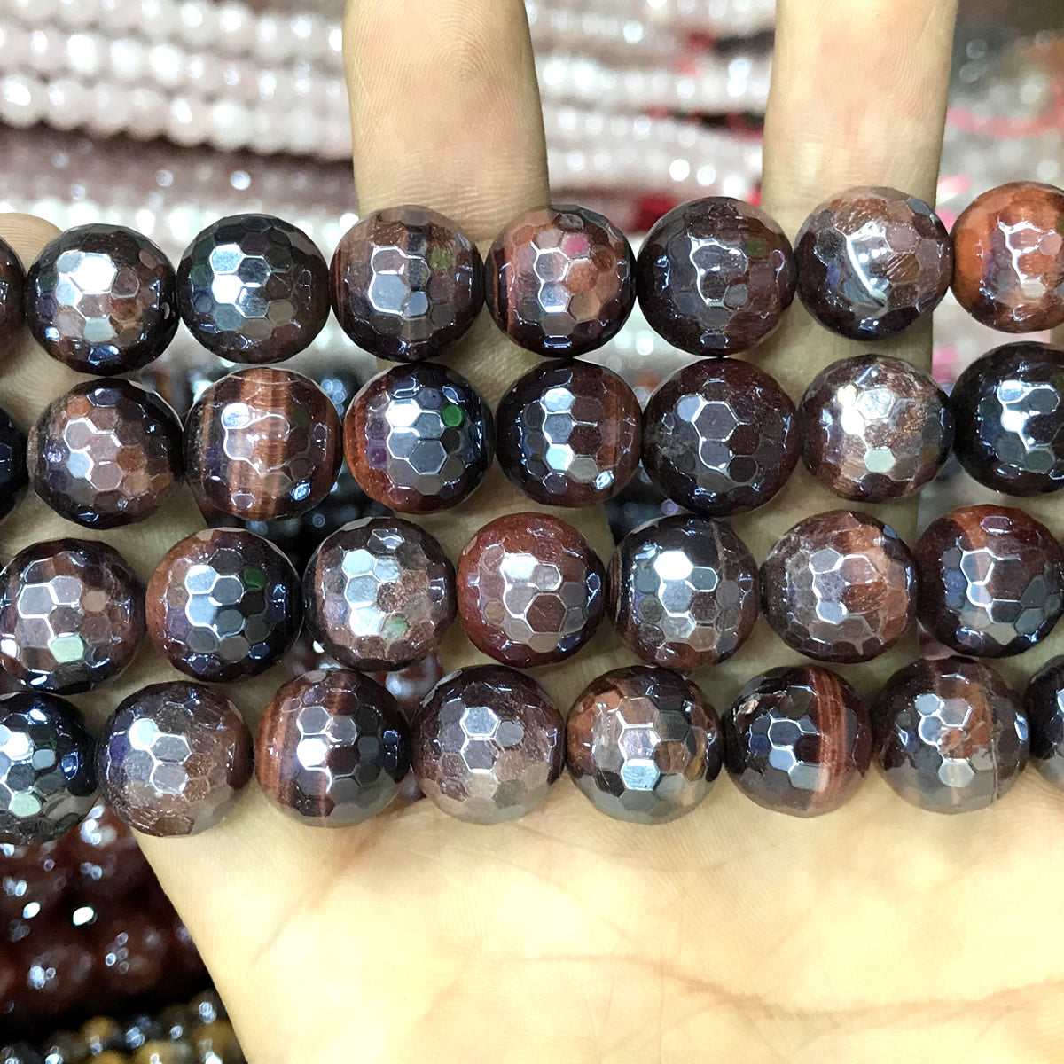 CTE419 Red Tiger Eye Beads Electroplated Faceted Round 14mm 15" Strand