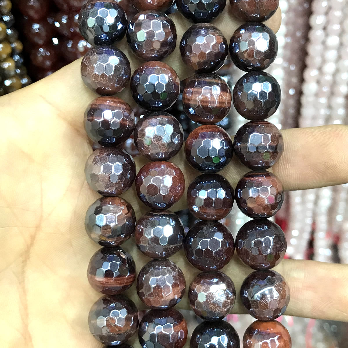 CTE419 Red Tiger Eye Beads Electroplated Faceted Round 14mm 15" Strand