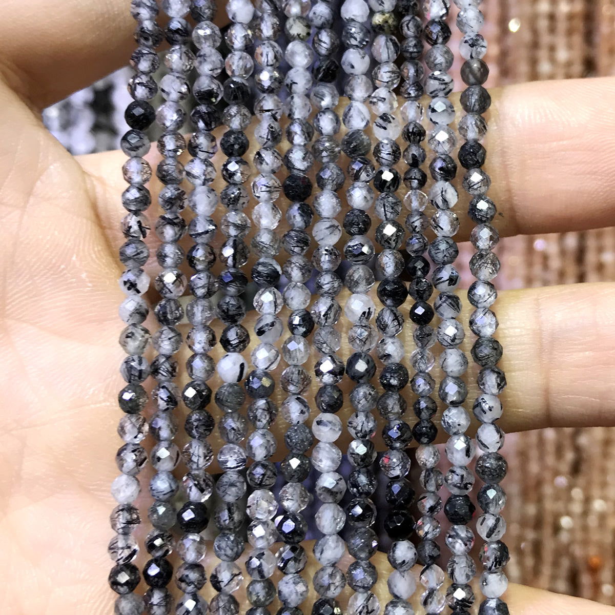 CTG215 Black Rutilated Quartz Beads Faceted Round 3mm 15" Strand