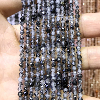 CTG215 Black Rutilated Quartz Beads Faceted Round 3mm 15" Strand