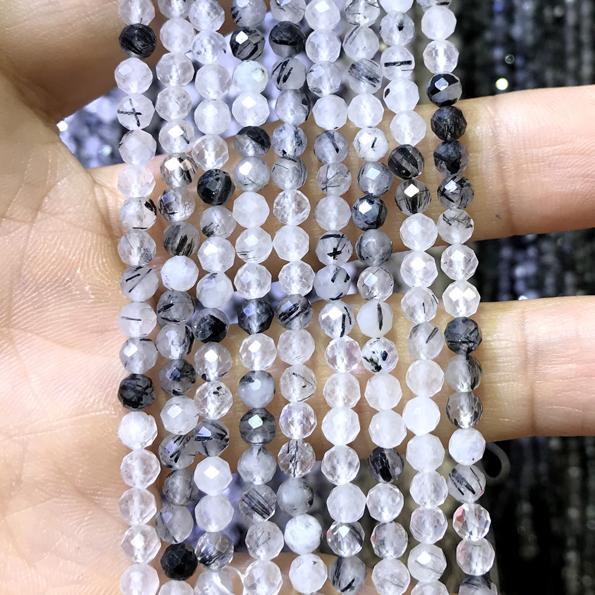 CTG314 Black Rutilated Quartz Beads Faceted Round 4mm 15" Strand