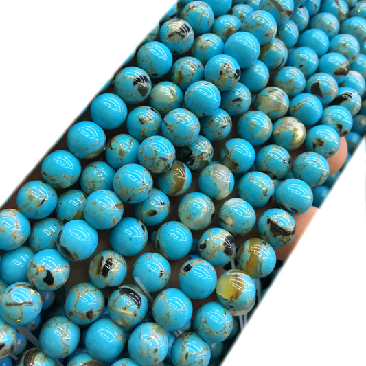 CTU64 Gold Vein Turquoise Beads Smooth Round 8mm 15" Strand