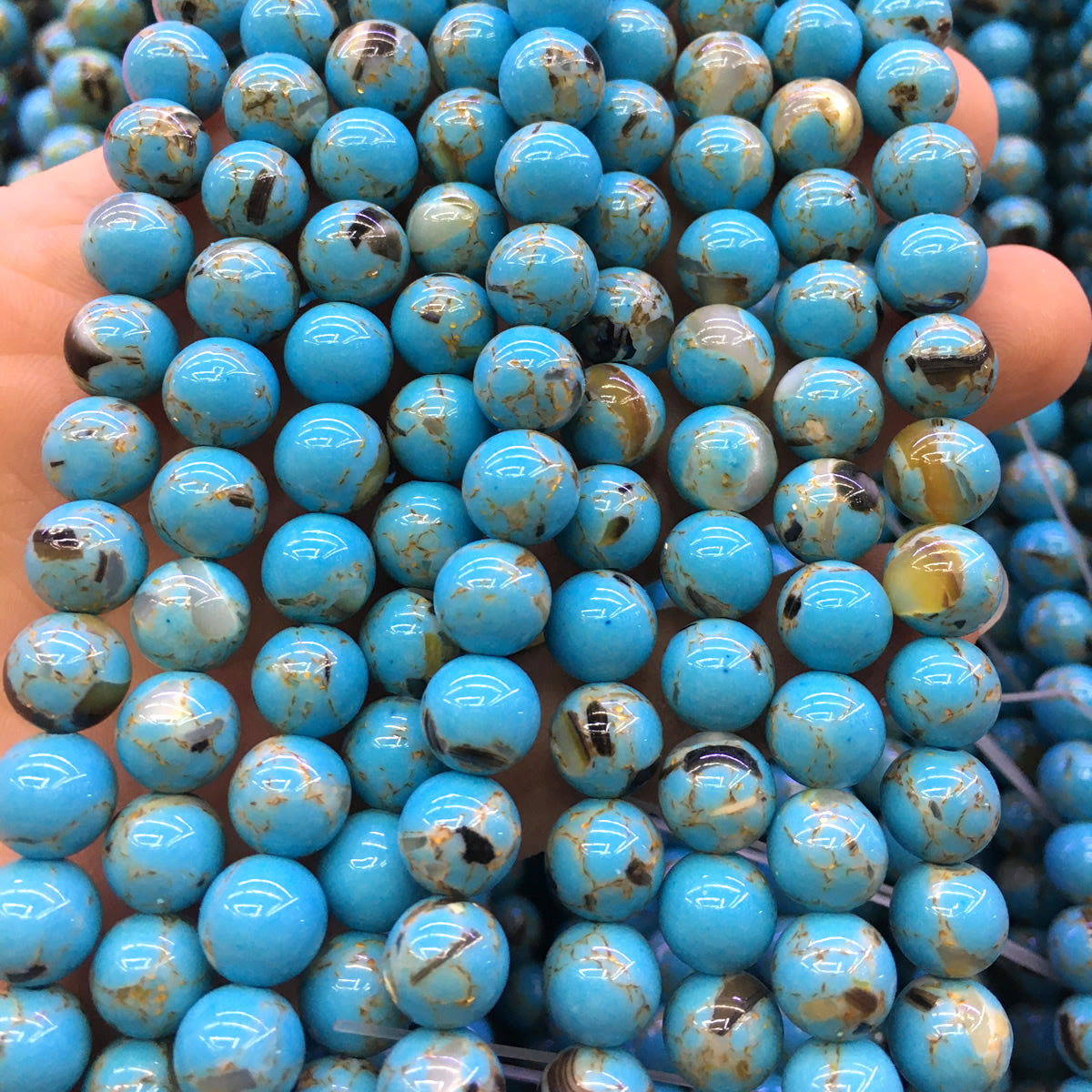 CTU64 Gold Vein Turquoise Beads Smooth Round 8mm 15" Strand