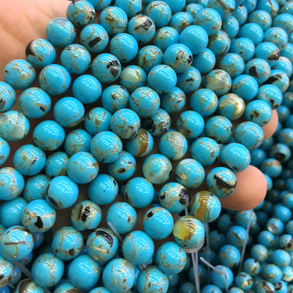 CTU64 Gold Vein Turquoise Beads Smooth Round 8mm 15" Strand