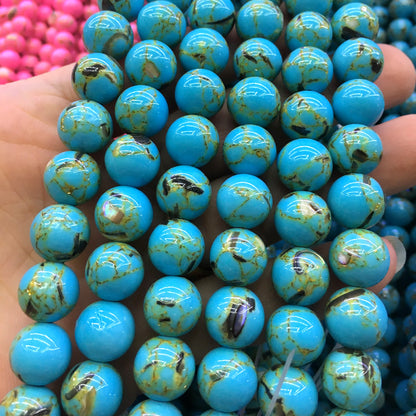 CTU65 Gold Vein Turquoise Beads Smooth Round 10mm 15" Strand