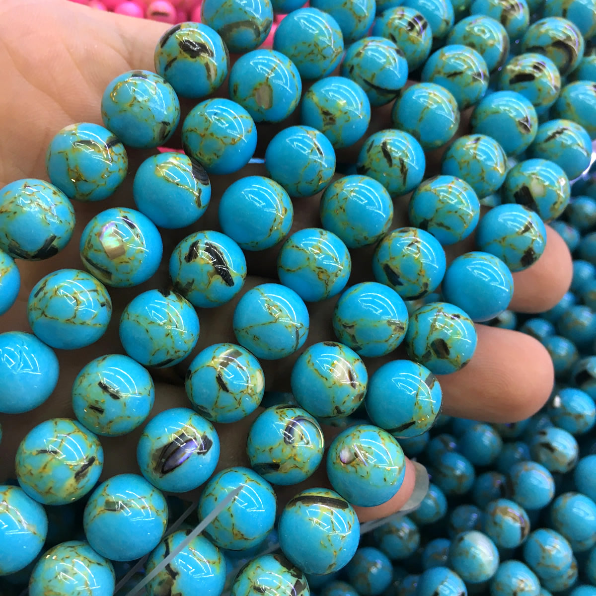 CTU65 Gold Vein Turquoise Beads Smooth Round 10mm 15" Strand