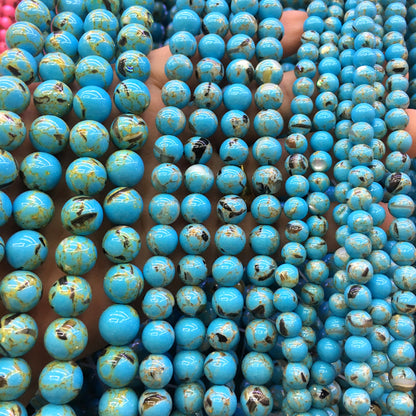 CTU65 Gold Vein Turquoise Beads Smooth Round 10mm 15" Strand