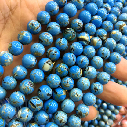 CTU69 Gold Vein Turquoise Beads Smooth Round 8mm 15" Strand