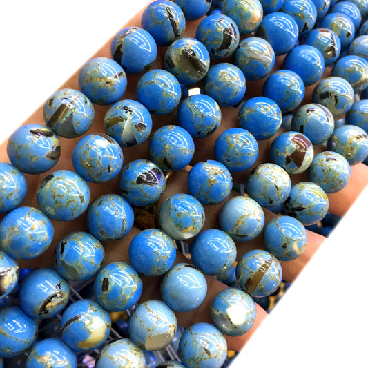 CTU70 Gold Vein Turquoise Beads Smooth Round 10mm 15" Strand