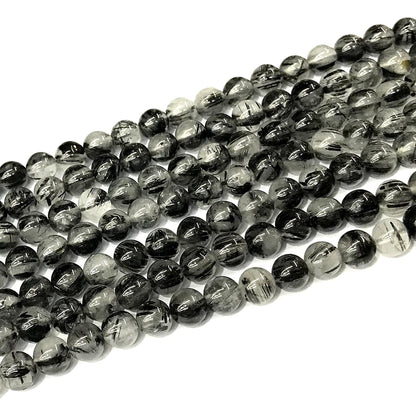 CRU356 Black Rutilated Quartz Beads Smooth Round 6mm 15" Strand