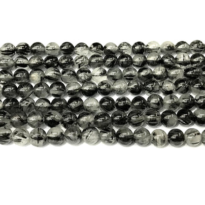 CRU356 Black Rutilated Quartz Beads Smooth Round 6mm 15" Strand