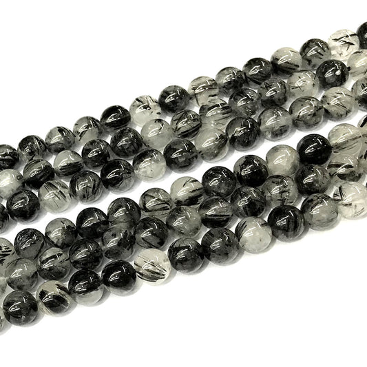 CRU357 Black Rutilated Quartz Beads Smooth Round 8mm 15" Strand