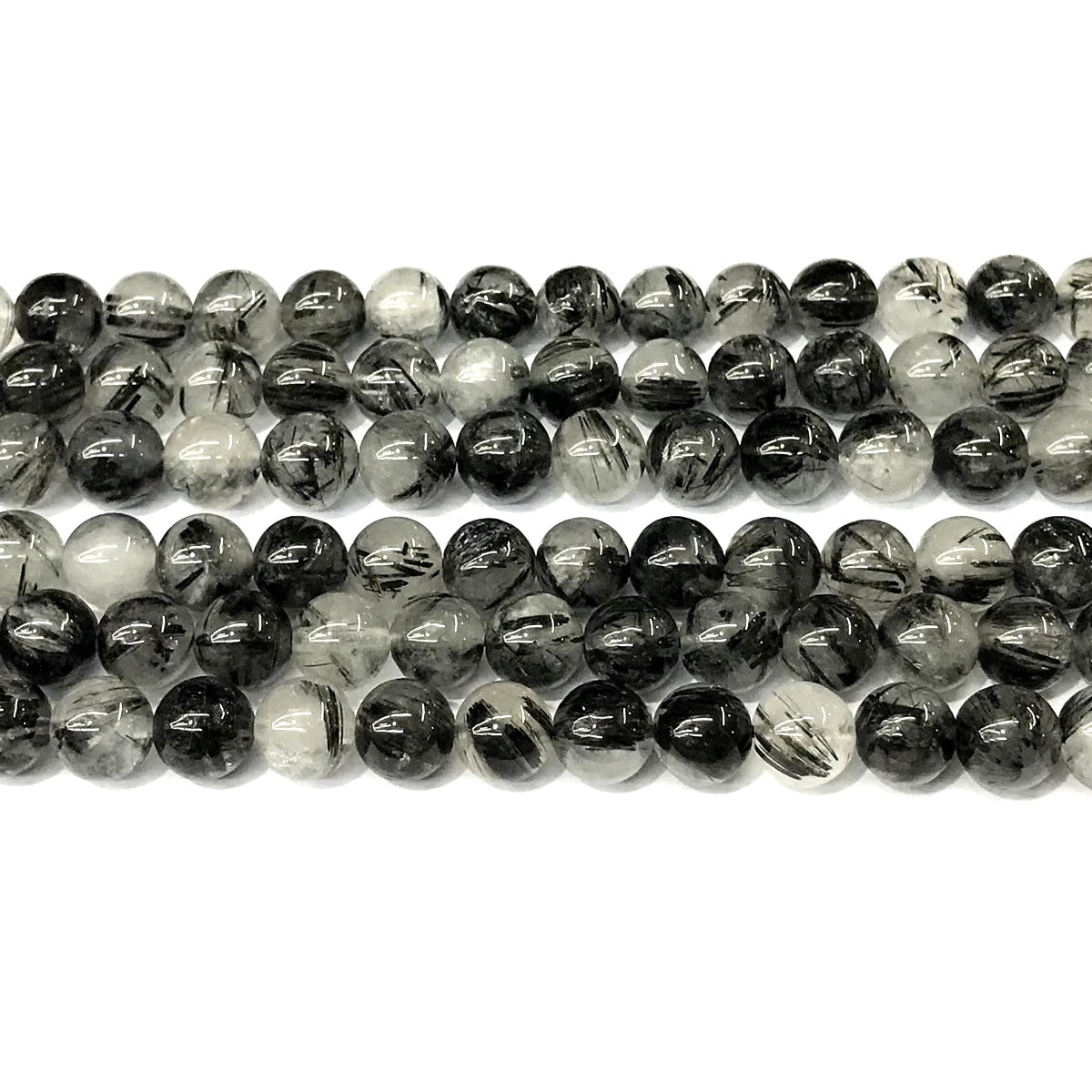 CRU357 Black Rutilated Quartz Beads Smooth Round 8mm 15" Strand