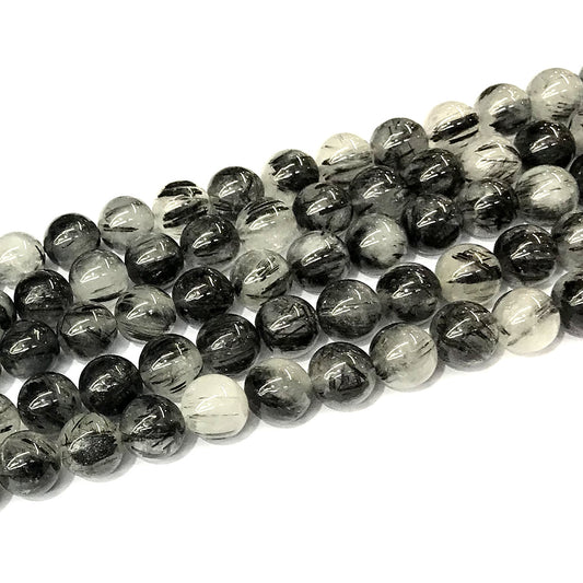 CRU358 Black Rutilated Quartz Beads Smooth Round 10mm 15" Strand