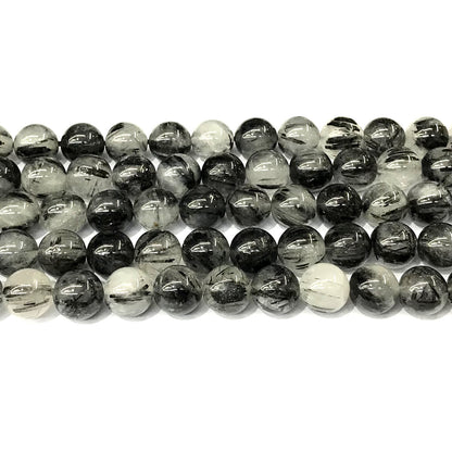 CRU358 Black Rutilated Quartz Beads Smooth Round 10mm 15" Strand