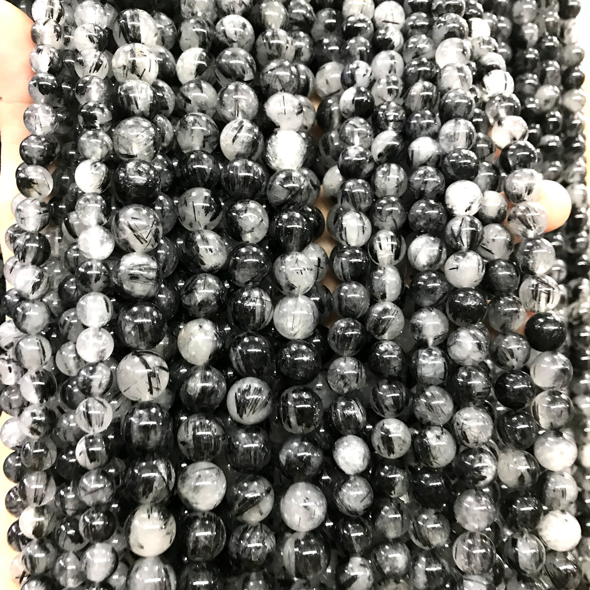 CRU358 Black Rutilated Quartz Beads Smooth Round 10mm 15" Strand